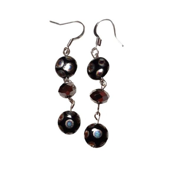 Handmade Art Glass Dangle Earrings black peacock silver tone - Picture 1 of 2
